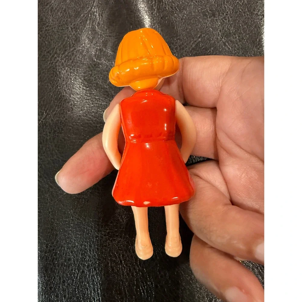 Vintage PVC Girl Figure Orange Hair Red Dress Retro Collectible Toy 3 Inch